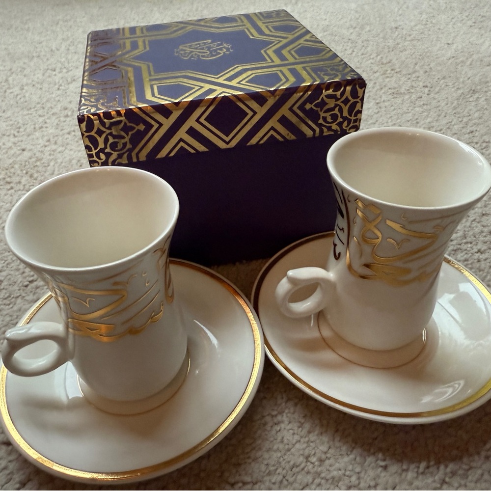 LIFESTYLE ARABIC Writing Turkish CUP & SAUCER Pair Set Of 2 Oriental Ethnic New